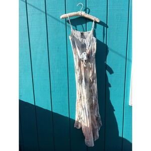 Romantic Boho Me Tie Dye Ruffle Midi Dress Blue Peach Smocked Tie Front High Low